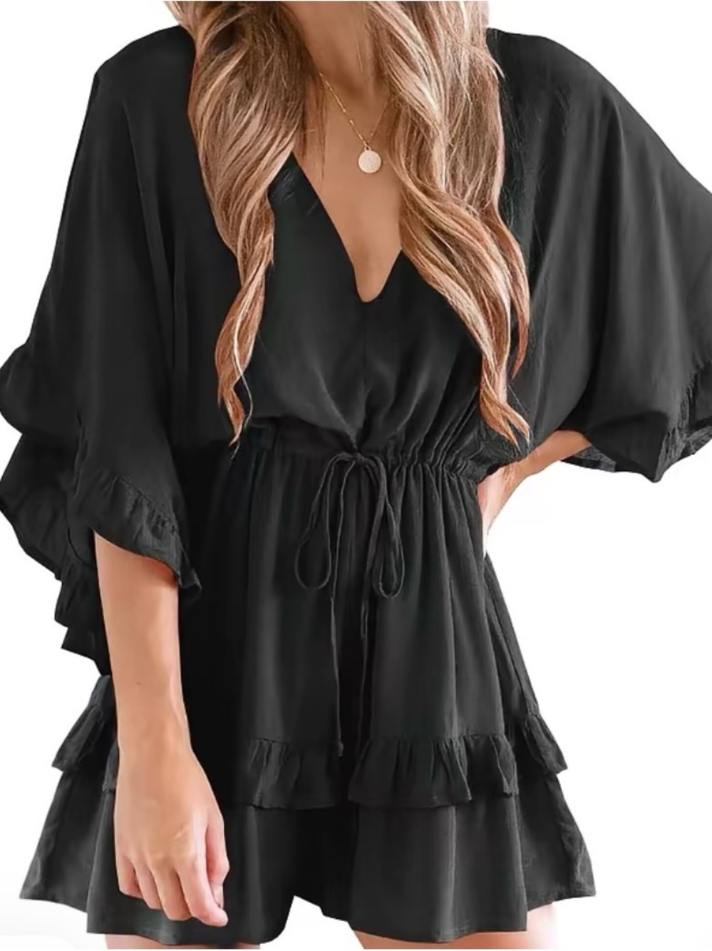 Black V-Neck Ruffle Drawstring Mini Dress